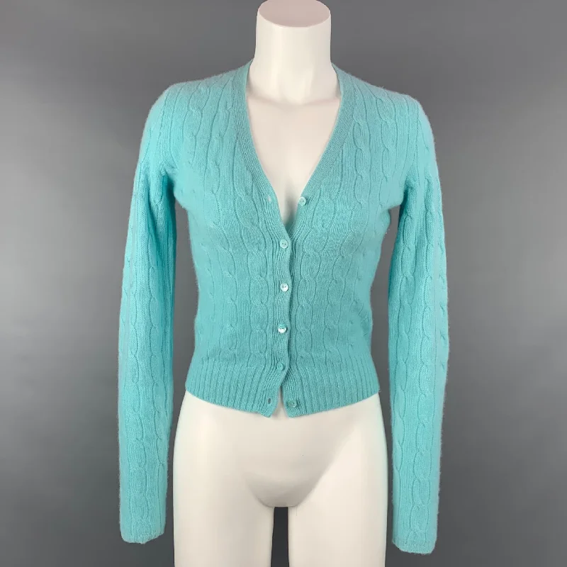 RALPH LAUREN Black Label Size S Turquoise Knitted Cashmere Cardigan Solid Print Embellished RALPH LAUREN Black Label Size S Turquoise Knitted Cashmere Cardigan Solid Print Embellished