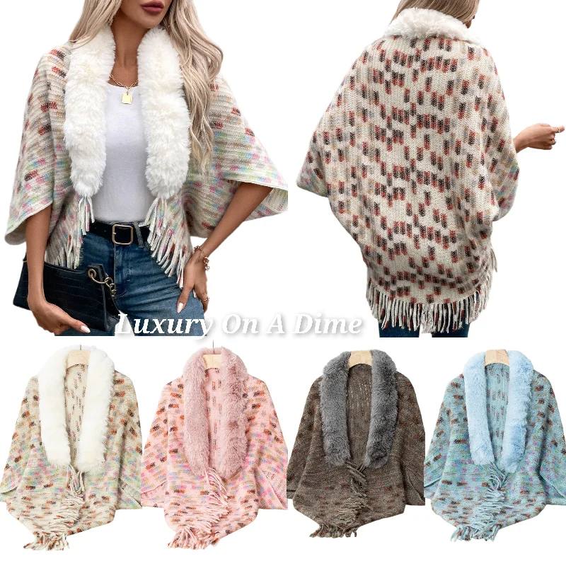 Plush Faux Fur Retro Fringe Hem Open Front Oversized Poncho Knit Cardigan Embroidered Appliqued Beaded Plush Faux Fur Retro Fringe Hem Open Front Oversized Poncho Knit Cardigan Embroidered Appliqued Beaded