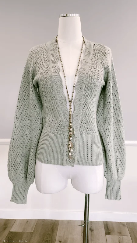 Amelia Scalloped Sage Green Cardigan Front Pockets Side Pockets Patch Pockets