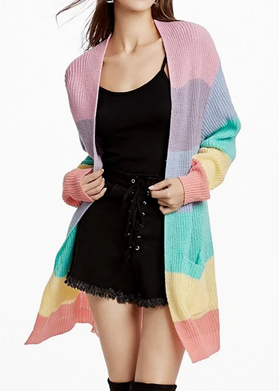 Rainbow striped long cardigan Sweater Handmade Hand-knitted Hand-woven