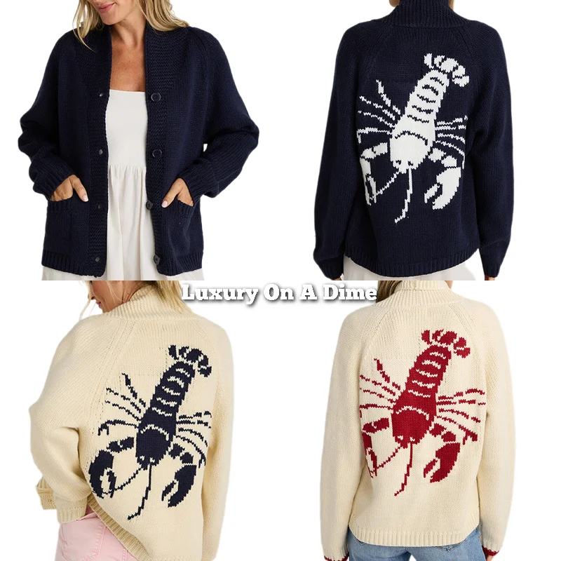 Contrasting Lobster Coastal Print Knit Cardigan Button Long Sleeve Patch Pocket Beaded Cardigan Sequined Faux Fur Contrasting Lobster Coastal Print Knit Cardigan Button Long Sleeve Patch Pocket Beaded Cardigan Sequined Faux Fur