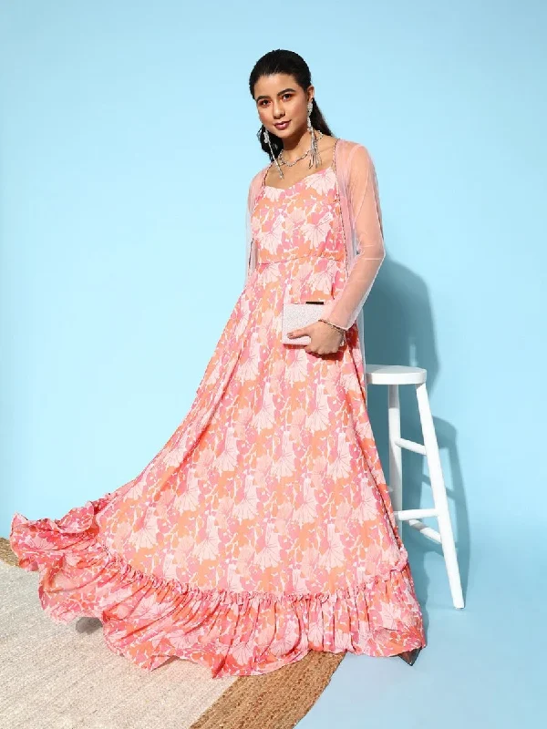 Peach Floral Printed Ruffled Gown with Net Jacket Rayon Jacket Velvet Jacket Corduroy Jacket