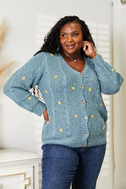 HEYSON Full Size Floral Embroidered Cable Cardigan Stretchy Elastic Breathable
