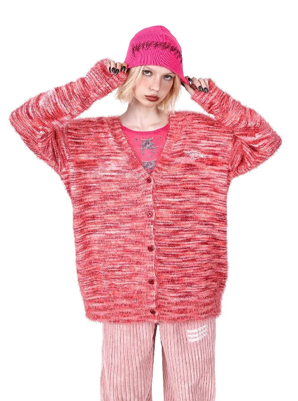 PINKSPINK Fuzzy Marled Cardigan - Coral Pink Layered Multi-layer Single Layer
