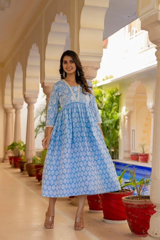 Women Blue Ethnic Printed Flared Dress - Rasiya