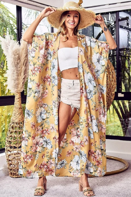 BiBi Floral Side Slit Longline Cardigan Hooded Caped Shawl Collar