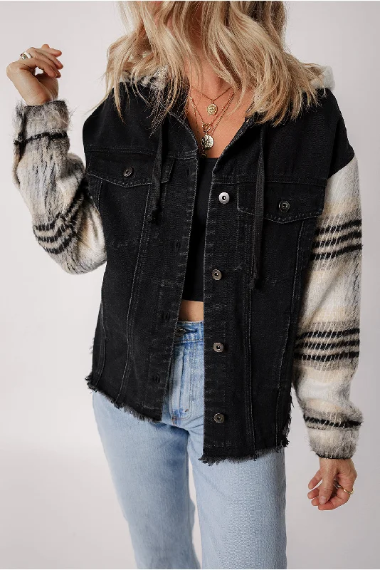 Plaid Sleeve Frayed Hem Hooded Denim Jacket Herringbone Jacket Houndstooth Jacket Plaid Jacket