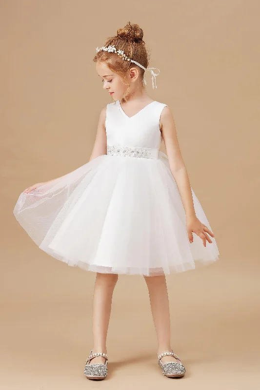 Satin Ivory V-neck Tulle Flower Girl Dresses With Bowknot