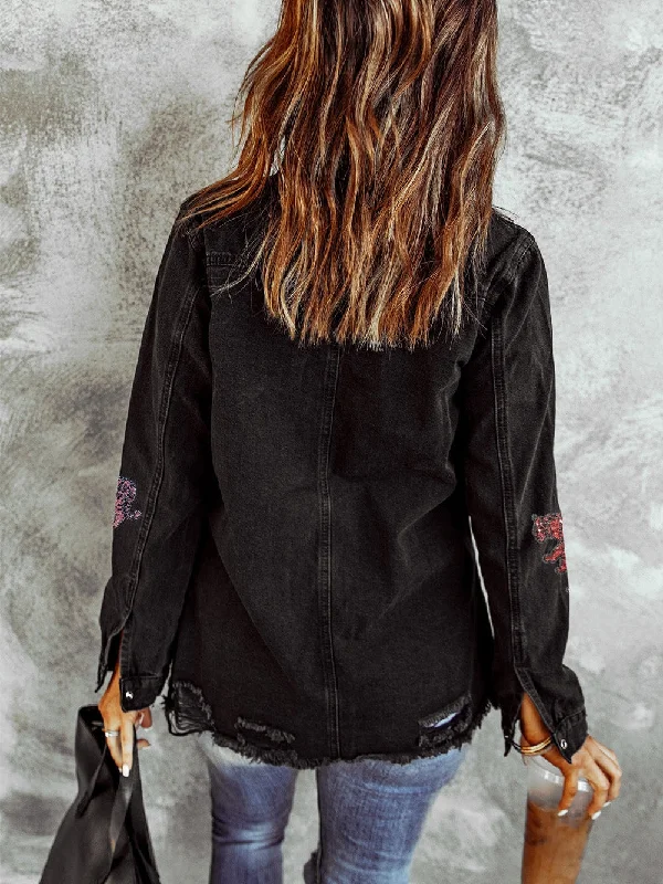 Bohemian Black Denim Jacket with Tiger Design Collared Jacket Crew Neck Jacket Turtle Neck Jacket