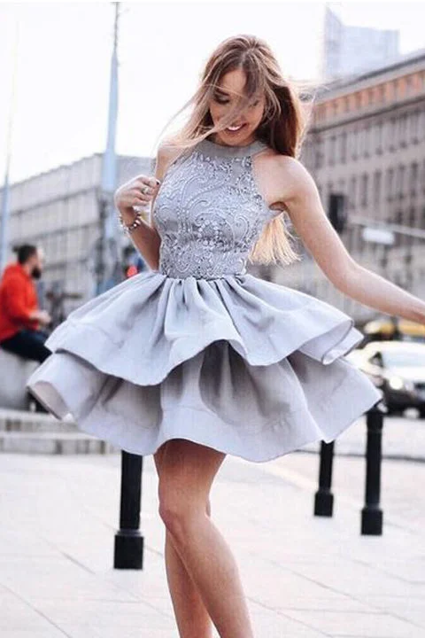 Fashion High Neck Beaded Grey Short Homecoming Dresses A Line Graduation Hoco Dress