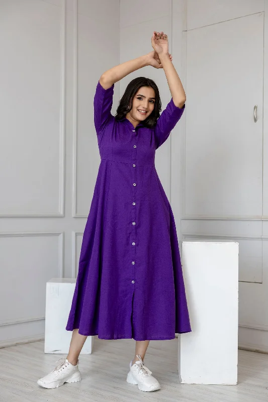 Women Purple Solid Flared Dress With Three quarter Sleeves - Rasiya