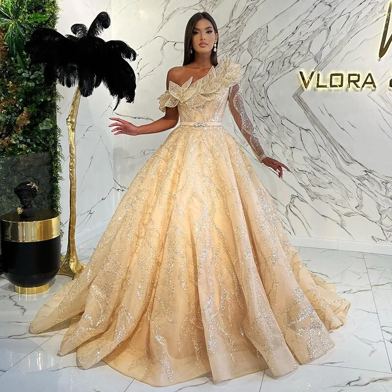 Luxury Ball Gown Gold One Shoulder Evening Dress SS359