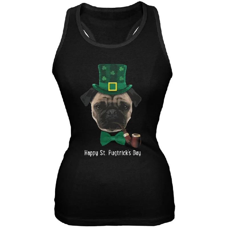 St. Patrick's - Pugtrick's Day Funny Pug Black Juniors Soft Tank Top casual tank top