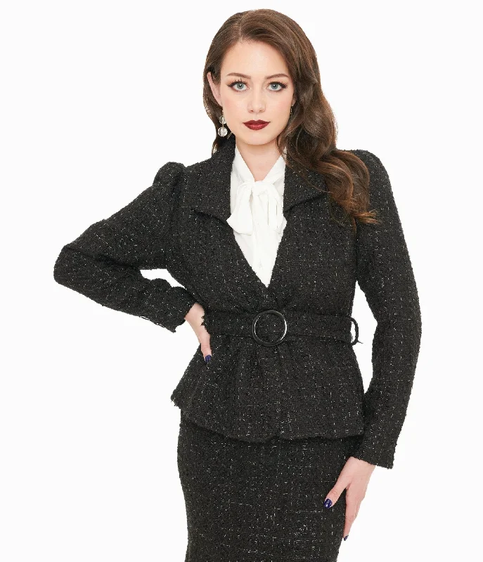 Unique Vintage 1940s Black Lurex Tweed Belted Jacket Print Jacket Jacquard Jacket Patchwork Jacket