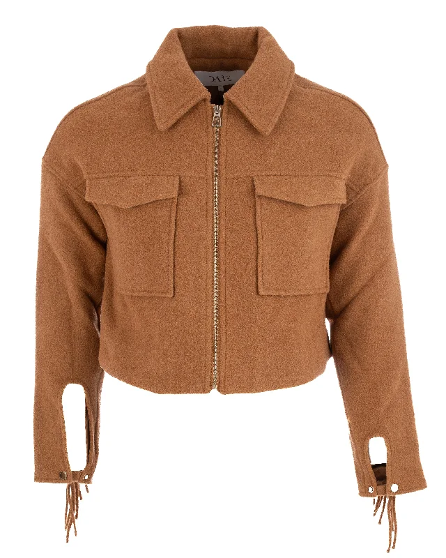 Women Short Jacket with Fringes - Brown One-Shoulder Jacket Off-the-Shoulder Jacket Asymmetrical Jacket