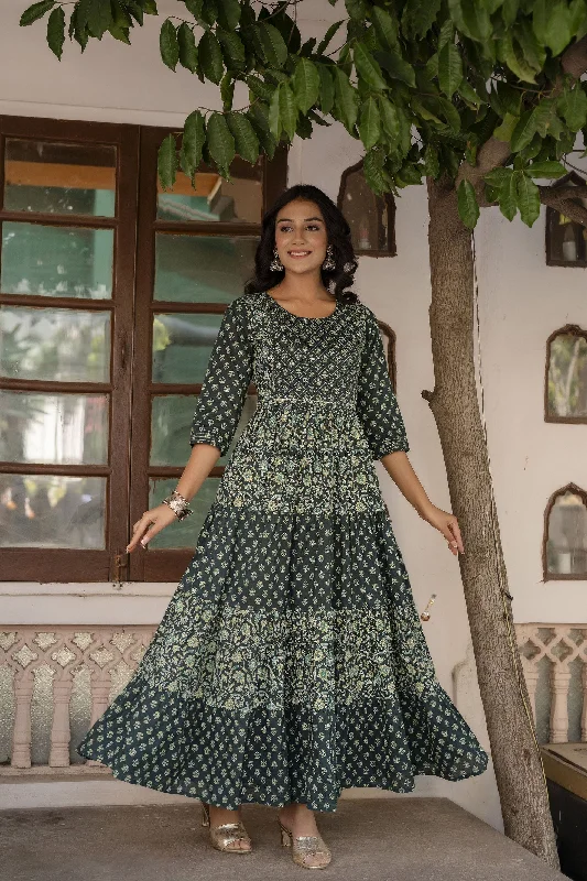 Women Green Printed Gathered Dress With Gotta Patti & Zari Work - Rasiya