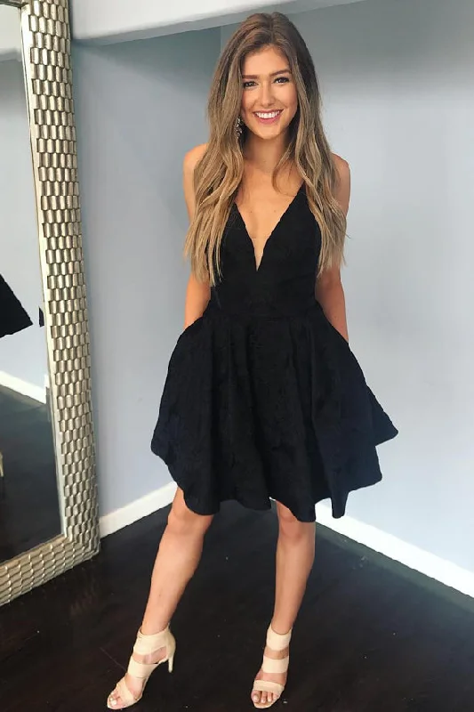 Elegant A Line V Neck Black Homecoming Dresses Short Cheap Prom Garduation Dress