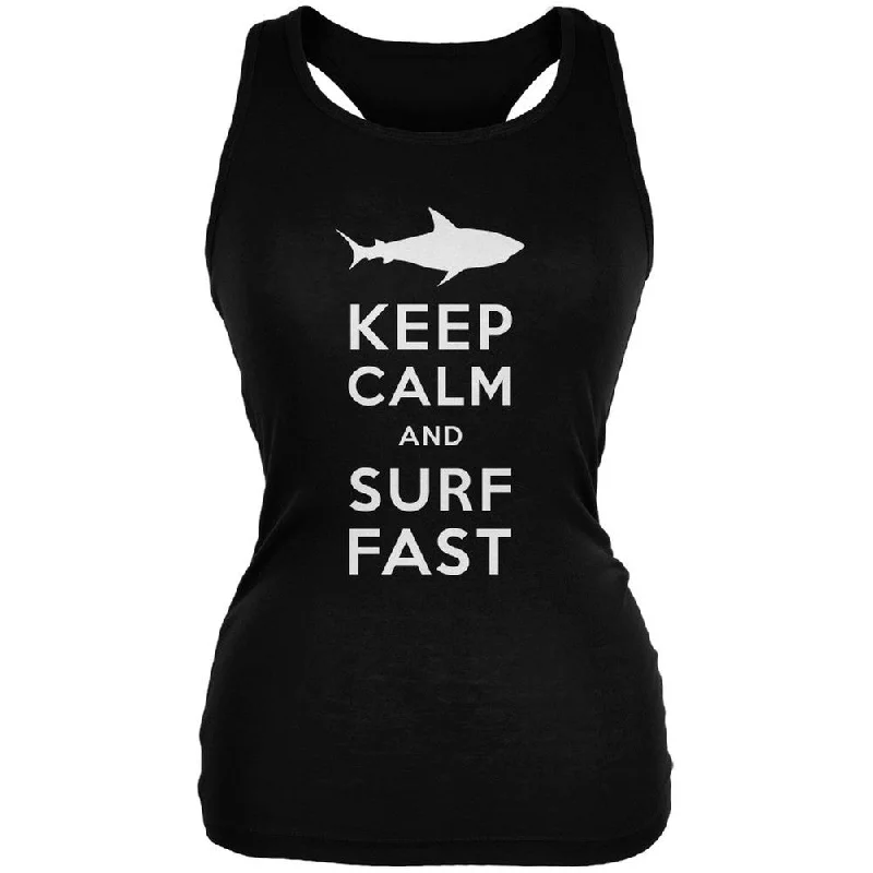 Shark Keep Calm and Surf Fast Black Juniors Soft Tank Top essential tank top