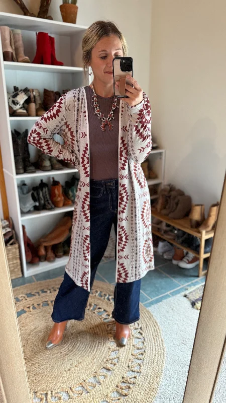 Muscadine Aztec Open Front Long Cardigan Modern Contemporary chic