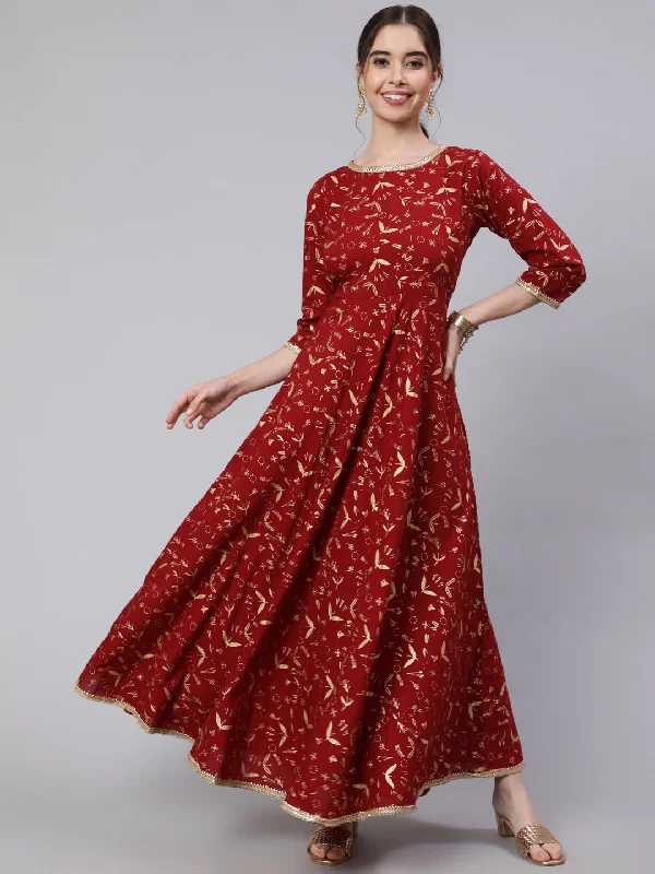 Women Maroon Printed Flared Dress With Three quarter Sleeves - Rasiya
