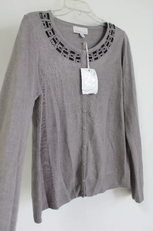 NEW Carolyn Taylor Tan Beaded Cardigan | L Petite Real Fur Shearling Chenille