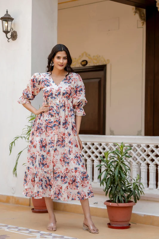 Women Off-White Floral Printed Flared Dress With Three quarter Sleeves - Rasiya