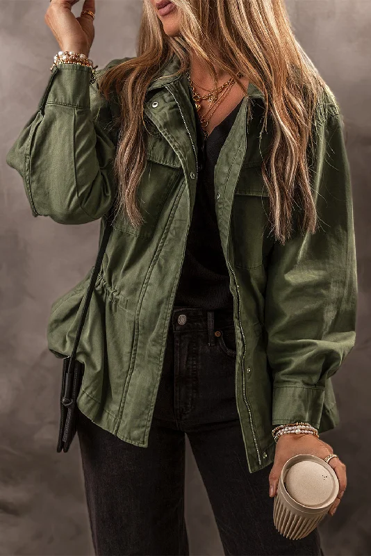 Snap Button Zipper Tight Waist Collared Jacket Knit Jacket Woven Jacket Fleece Jacket