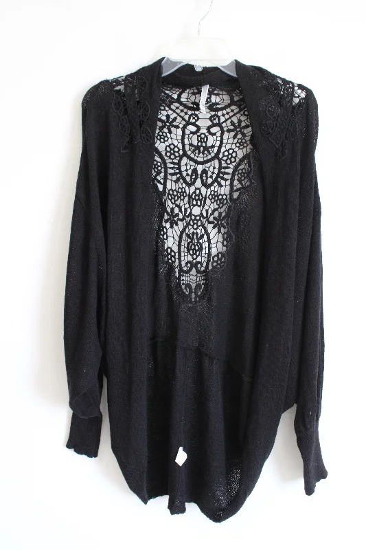 Monoreno Crocheted Back Black Cardigan | L Houndstooth Herringbone Solid