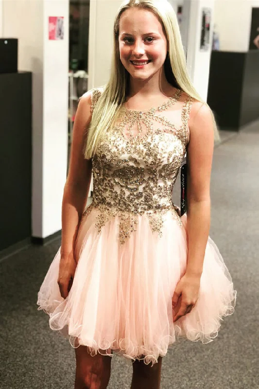 Charming Open Back Lace Appliques Pink Beaded Homecoming Dresses Short Prom Cute Dress