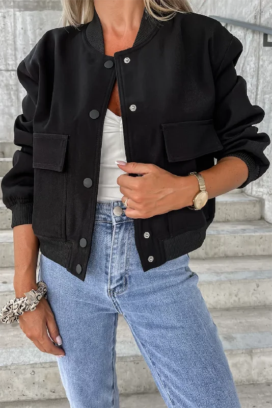 Black Big Pockets Baseball Collar Jacket Welt Pockets Slit Pockets Flap Pockets