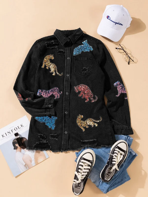 Black Distressed Denim Shirt Jacket Mesh Jacket Canvas Jacket Denim Jacket