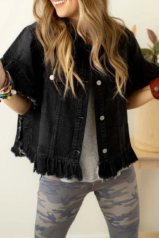 Black Raw Edge Ruffled Short Sleeve Denim Jacket Elasticated Jacket Padded Jacket Insulated Jacket