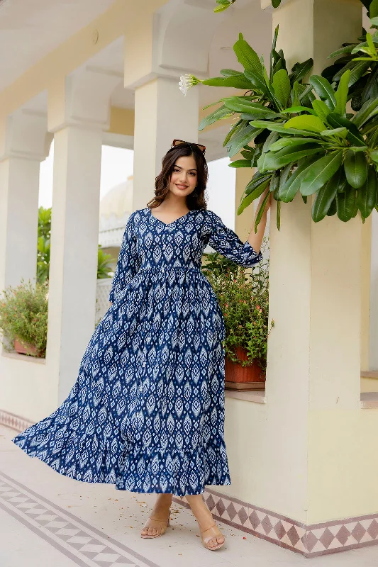 Women Navy Blue Printed Flared Dress - Rasiya