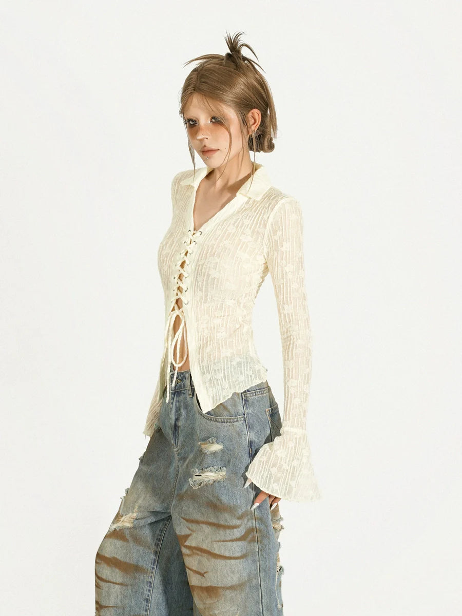 Nico Molly Lace-Up Ribbed Cardigan - Ivory (Women's) Polka Dot Checkered Tartan