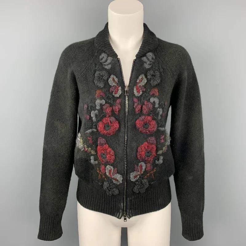 AVANT TOI Size XS Black & Grey Distressed Embroidered Merino Wool / Cashmere Cardigan Striped Floral Plaid AVANT TOI Size XS Black & Grey Distressed Embroidered Merino Wool / Cashmere Cardigan Striped Floral Plaid
