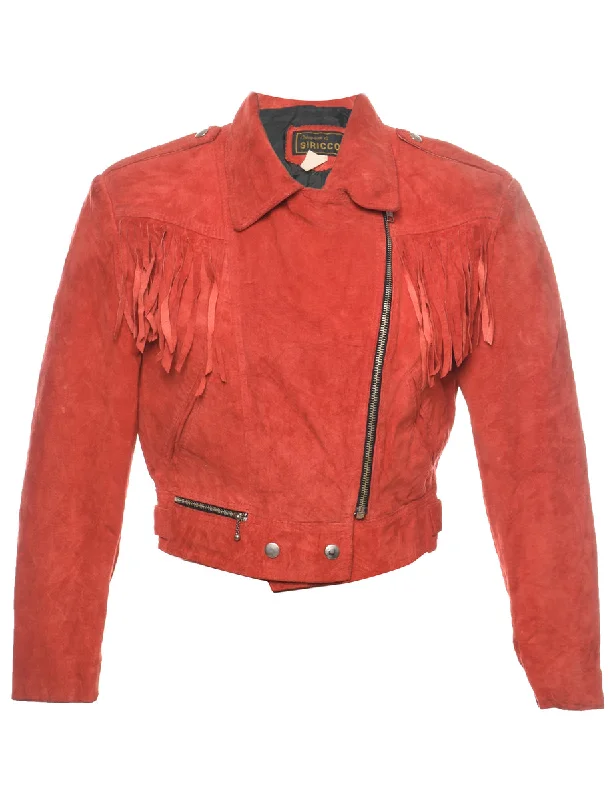 Suede Cropped Red Vintage Fringed Jacket - S Zippered Front Buttoned Front Snap Front