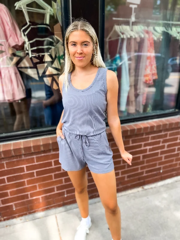 Rib Knit Tank Romper - Slate summer tank top
