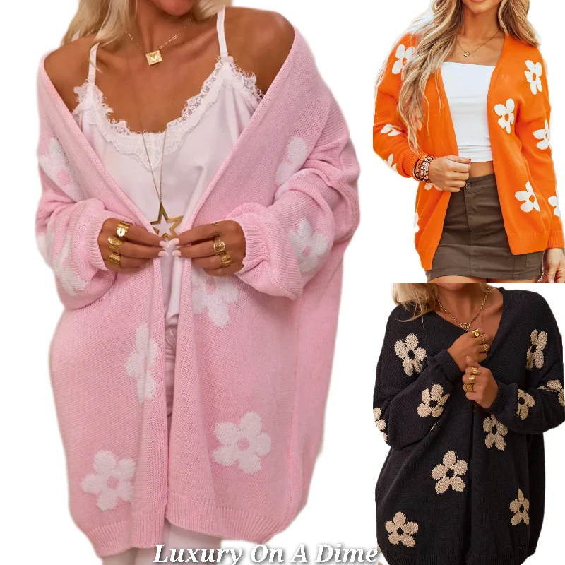 Retro Daisy Flower Color Contrasting Knit Open Front Long Sleeve Cardigan 70s Floral Toggled Drawstring Belted