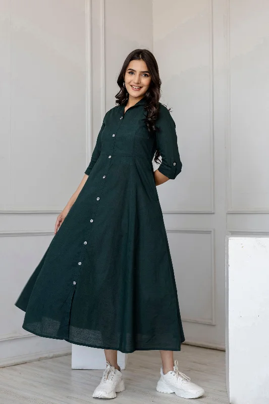 Women Green Solid Flared Dress With Three quarter Sleeves - Rasiya