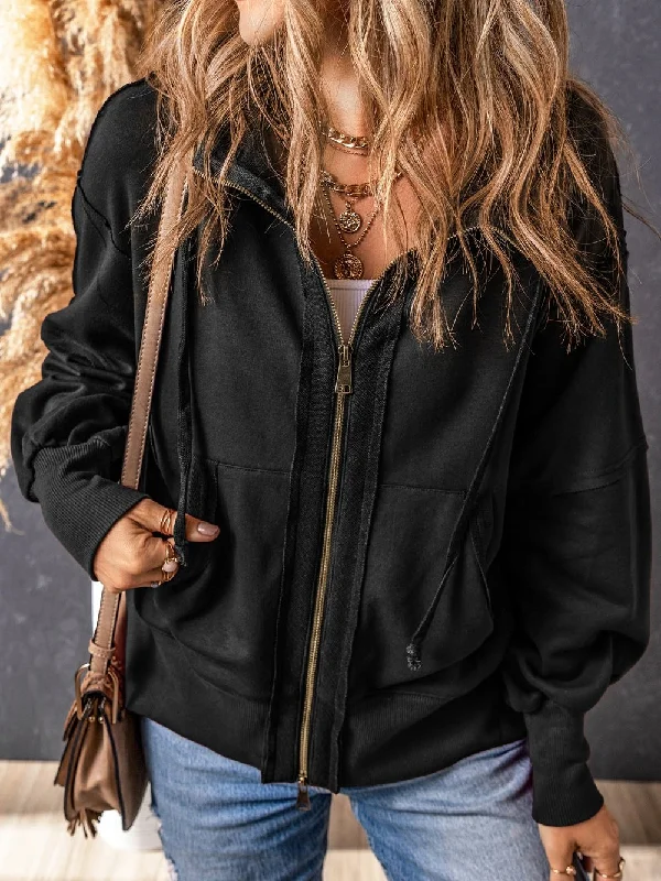 Black Exposed Seam Zip-Up Hooded Jacket Corduroy Jacket Velvet Jacket Brocade Jacket