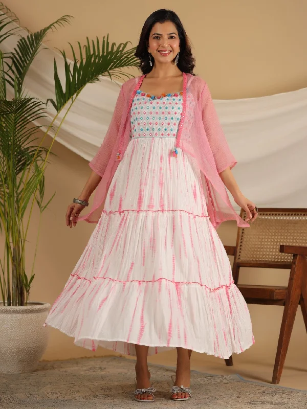 Juniper Pink Geometric Printed Pure Cotton Dress & Kota Doria Dupatta Within Mirror Work.