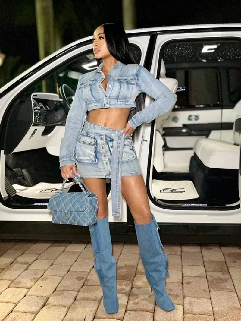 Streetwear 2 Piece Sets Women Outfit Fall Clothes 2024 Women Jean Jacket Crop Top Skirt Sets Fashion Denim Dress Sets Woman Set Ribbed Jacket Pleated Jacket Ruffled Jacket