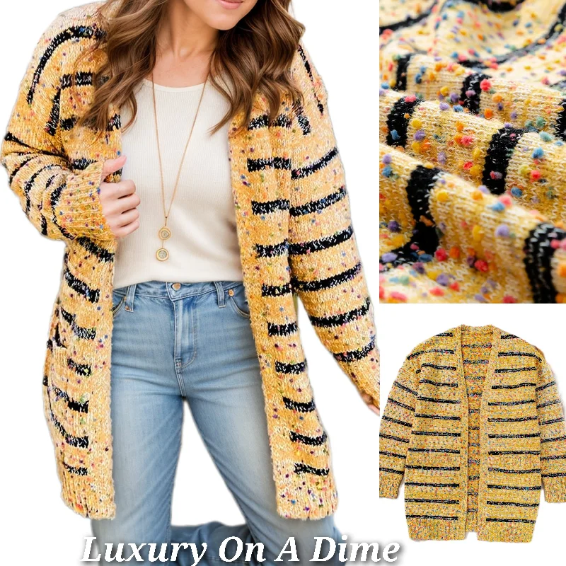 Colorful Popcorn Knit Longline Cardigan Long Sleeve Stripe Pocket Open Front Sweater Notch Collar Peter Pan Collar Cowl Neck