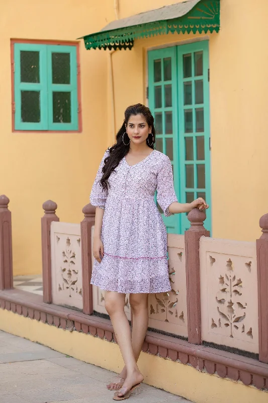 Women Off-White Printed Mini Georgette Dress - Rasiya