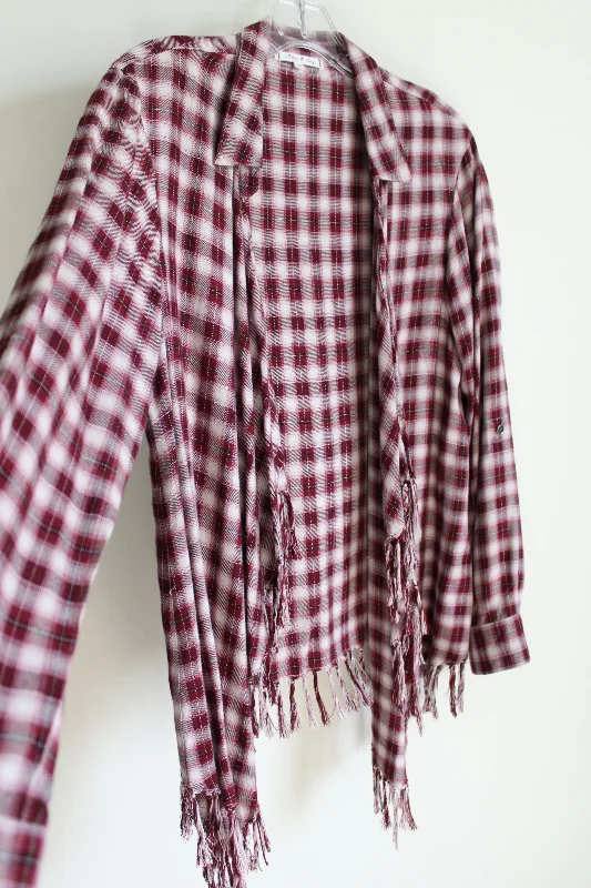 Willow & Clay Maroon Plaid Fringe Cardigan | S Boxy Cardigan Fitted Cardigan A-Line