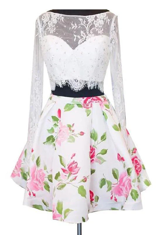 2 Piece White Backless Lace Long Sleeves Homecoming Dresses Graduation Dress
