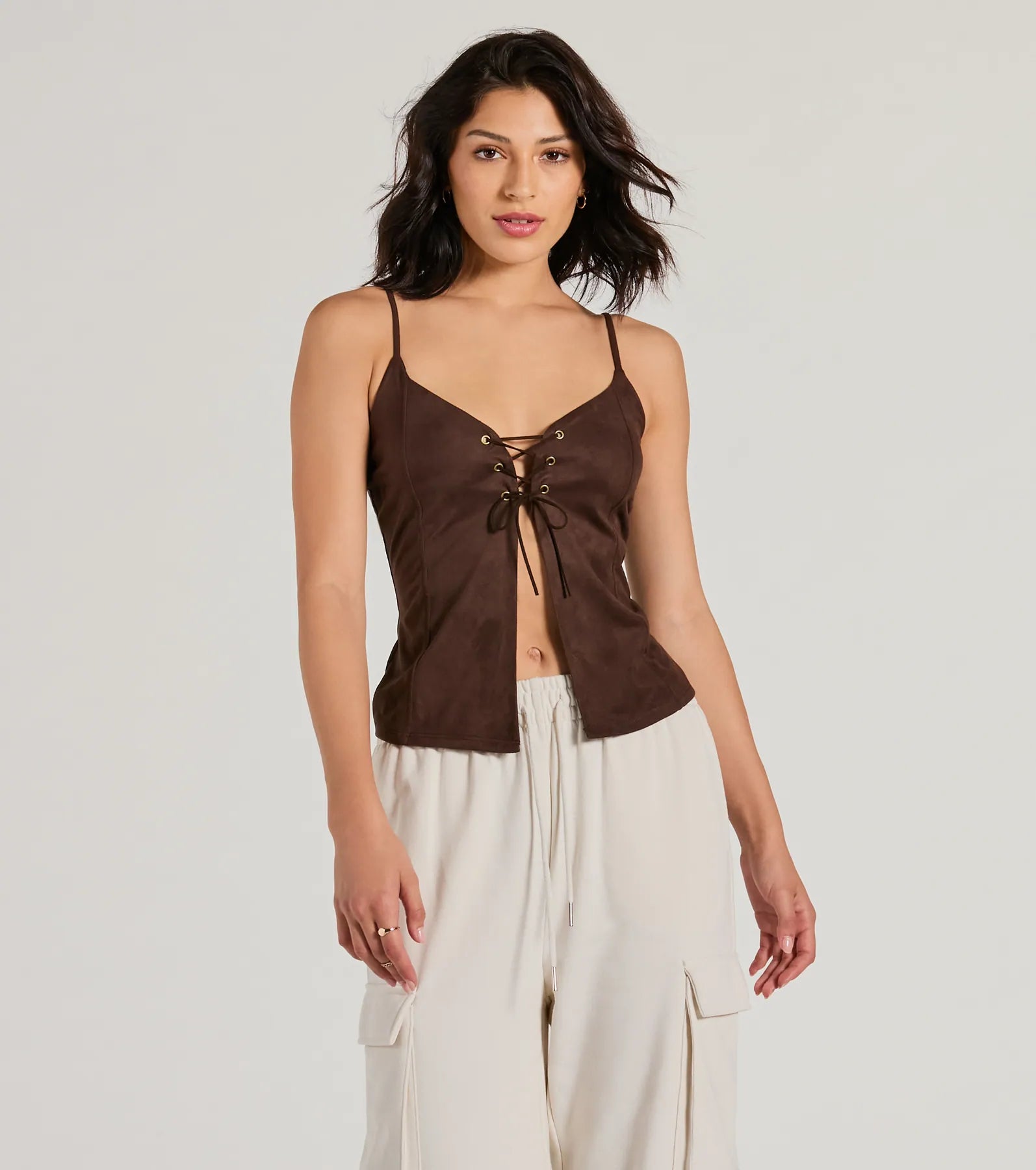 Treasured Trend Lace-Up Slit Crop Tank Top strappy tank top