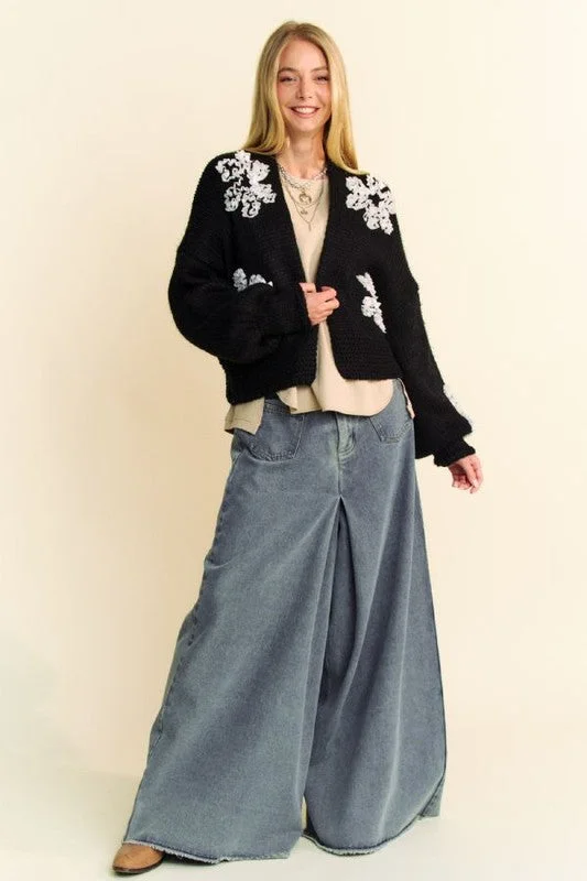 Blue Zone Planet | Davi & Dani Floral Applique Open Front Dropped Shoulder Cardigan Velvet Chenille Corduroy Blue Zone Planet | Davi & Dani Floral Applique Open Front Dropped Shoulder Cardigan Velvet Chenille Corduroy