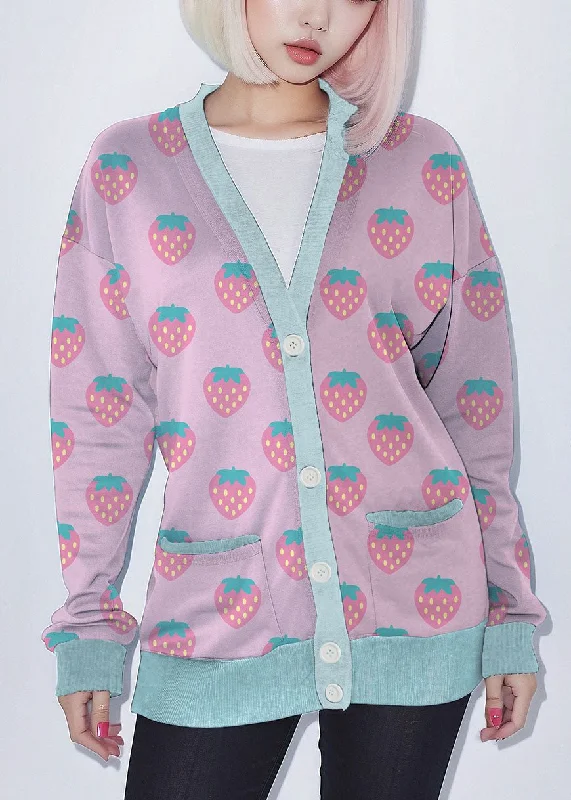 Pink Strawberry Kawaii Fleece Cardigan Stylish Fashionable Trendy