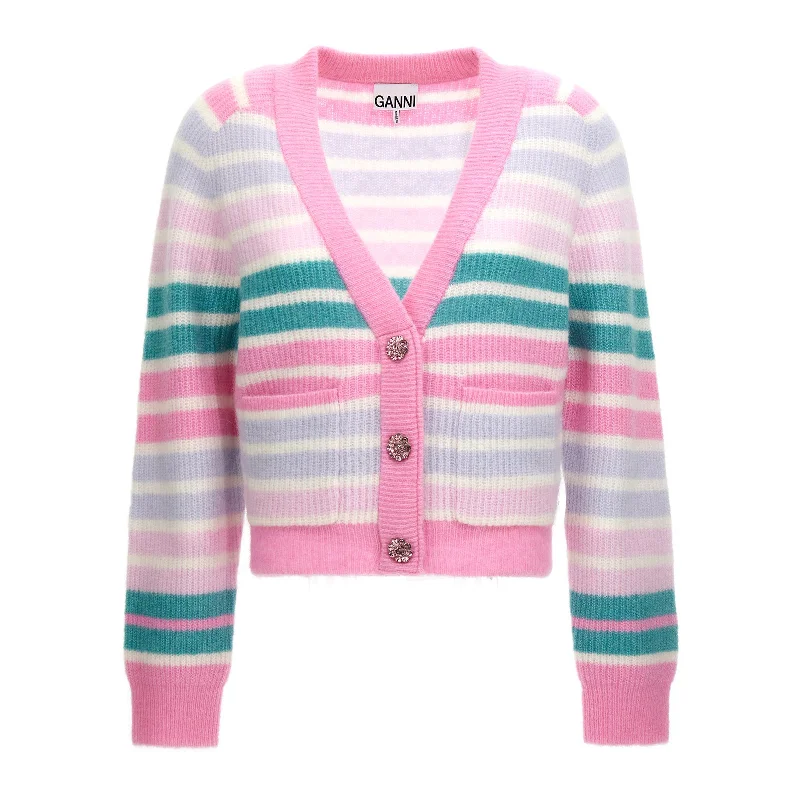 Ganni Soft Wool Cardigan Stripe Sweater 'Multicolor' Spandex Blend Rayon Blend Denim Blend Ganni Soft Wool Cardigan Stripe Sweater 'Multicolor' Spandex Blend Rayon Blend Denim Blend